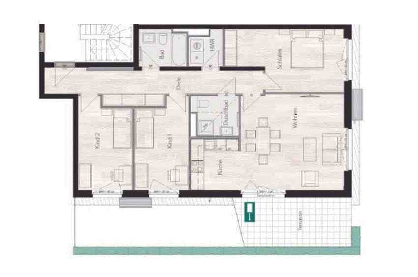 Grundriss einer vier Zimmer Eigentumswohnung im Neubau Beau Pankow. Einige der Wohnungen sind barrierefrei.